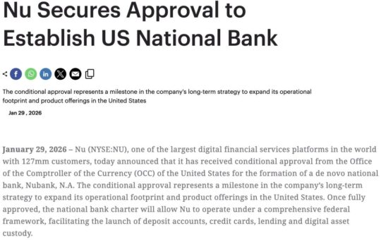 Brazil’s Nubank Wins OCC Conditional Approval for U.S. National Bank – Crypto Custody Soon?