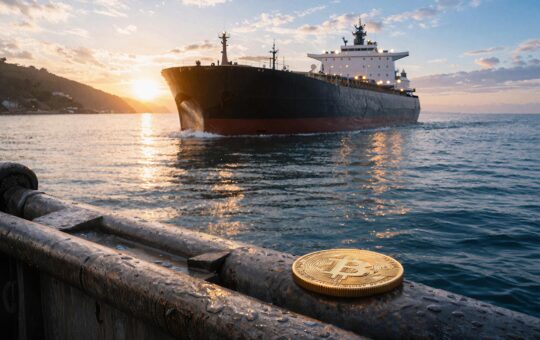 Bitcoin coin on a dock as an oil tanker passes at sunrise, reflecting easing supply shock and a potential price breakout toward lower oil levels