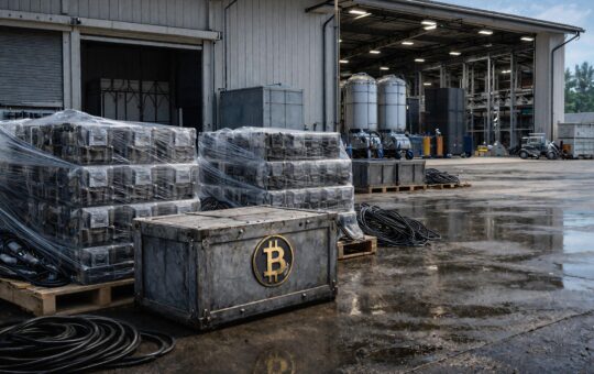 Bitcoin mining equipment stacked outside an industrial facility as operators pivot to AI, selling BTC and taking on debt to maintain liquidity