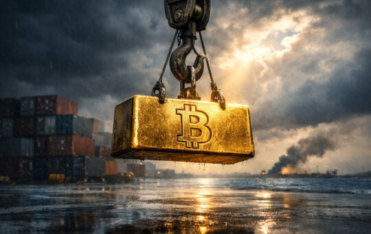 Bitcoin gold bar suspended by an industrial crane above a stormy shipping port, symbolizing Bitcoin’s price surge amid geopolitical tension from the Iran war and uncertainty tied to Trump tariff policies.