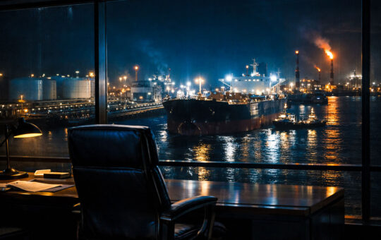 Executive office overlooking an industrial port at night, reflecting Wall Street’s push to bring real-world assets on-chain under institutional control