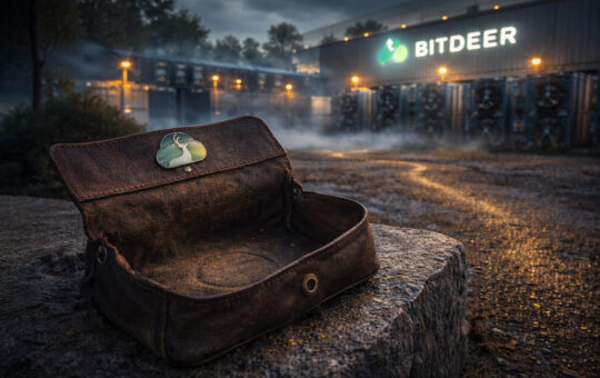 Empty leather wallet in front of a Bitdeer bitcoin mining facility at night, symbolizing Bitdeer selling its entire BTC stash