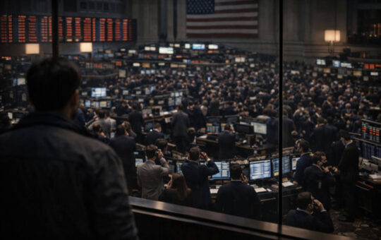 Crowded trading floor viewed from behind a lone observer, symbolizing retail investors facing market imbalance as institutional players dominate outcomes