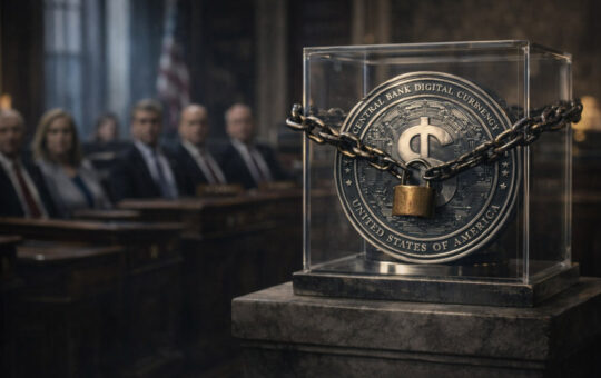Central bank digital currency coin locked in a glass case with chains inside a Senate hearing room, symbolizing lawmakers voting to block a US CBDC through 2030