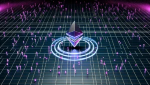 Glowing Ethereum token being consumed by magenta AI transaction particles on a dark tech grid, representing ETH supply deflationary burn mechanism.