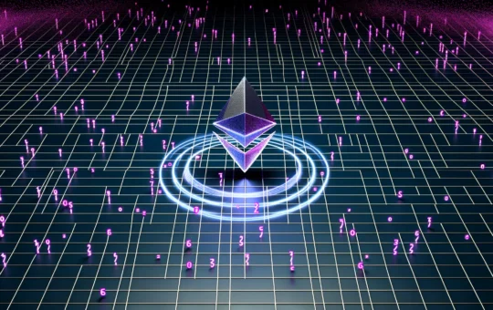 Glowing Ethereum token being consumed by magenta AI transaction particles on a dark tech grid, representing ETH supply deflationary burn mechanism.