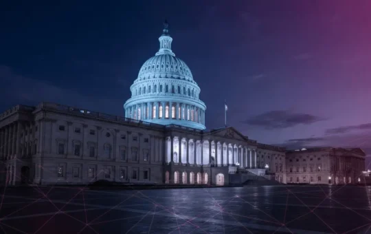 US Capitol building at dusk with modern grid overlay, representing legislative crypto regulation debate