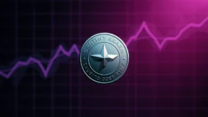 Cardano ADA coin with purple gradient price chart grid in studio lighting