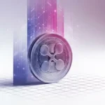 XRP cryptocurrency coin on white surface with purple-magenta gradient data visualization background