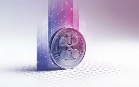 XRP cryptocurrency coin on white surface with purple-magenta gradient data visualization background