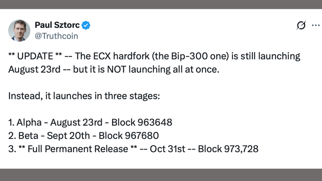 Bitcoin’s ECX Hard Fork Splinters Into 3 Launches Through October – Bitcoin News