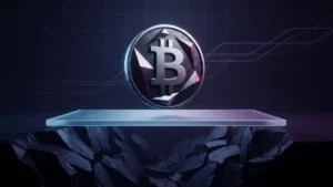 Bitcoin coin holding above a glowing cost-basis floor during a bear market