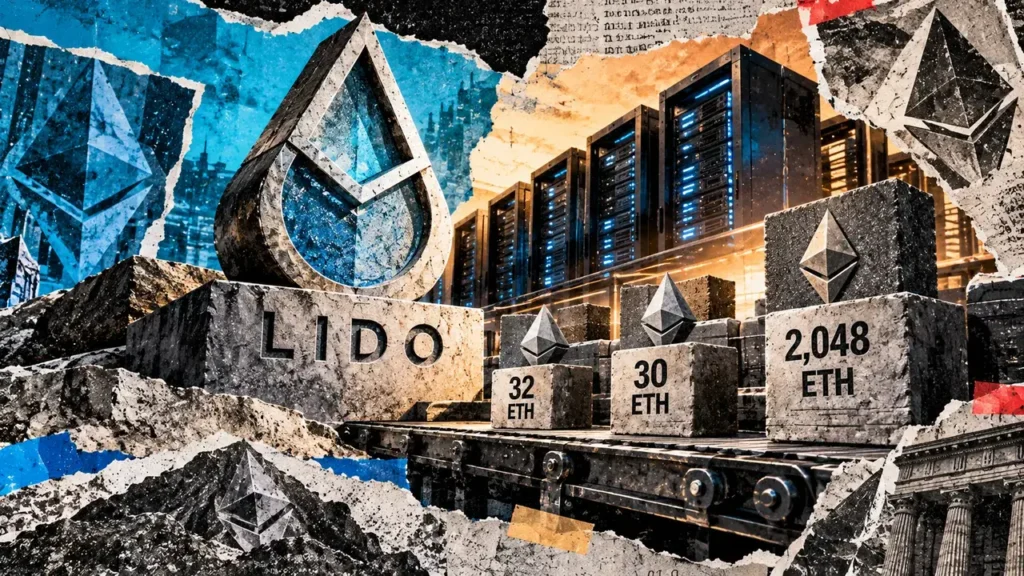 Editorial collage showing ETH staking blocks on an industrial conveyor beside a Lido emblem and Ethereum server infrastructure.