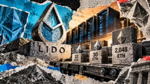 Editorial collage showing ETH staking blocks on an industrial conveyor beside a Lido emblem and Ethereum server infrastructure.