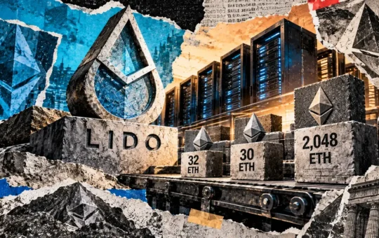 Editorial collage showing ETH staking blocks on an industrial conveyor beside a Lido emblem and Ethereum server infrastructure.