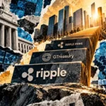 Monumental staircase marked Ripple, GTreasury and Ripple Prime ascends toward financial skyscrapers above trading and banking scenes.