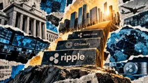 Monumental staircase marked Ripple, GTreasury and Ripple Prime ascends toward financial skyscrapers above trading and banking scenes.
